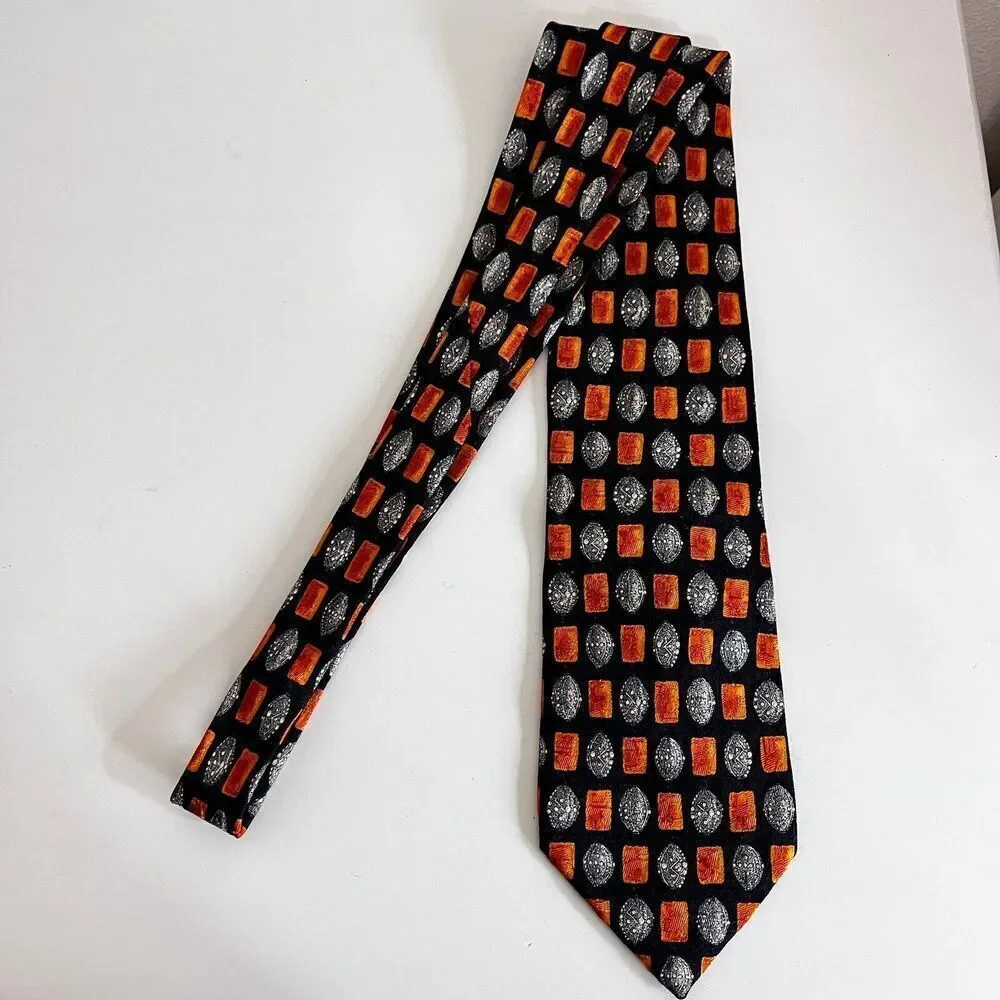 Ermenegildo Zegna 100% Silk Tie Black Orange Print Made in Italy Men's